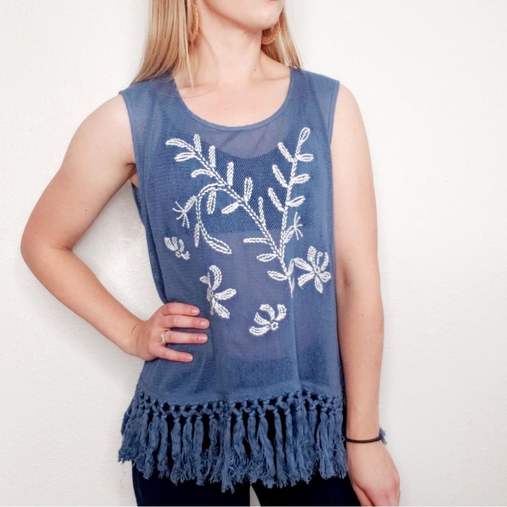 Blu Pepper Vintage Blue Floral Embroidered Knit‎ Tassel Tank Top Tunic Large L